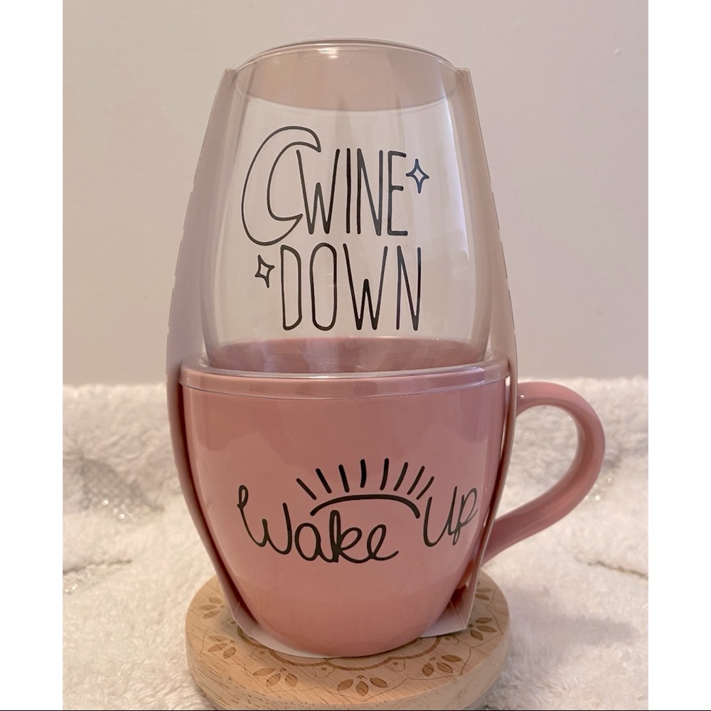 🍷🌙 WINE DOWN Glass and WAKE UP Mug Set ☀️☕️